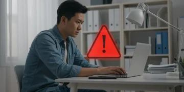 Pessoa analisando um alerta de fraude financeira em um computador, simbolizando a prevenção de golpes em financiamentos.