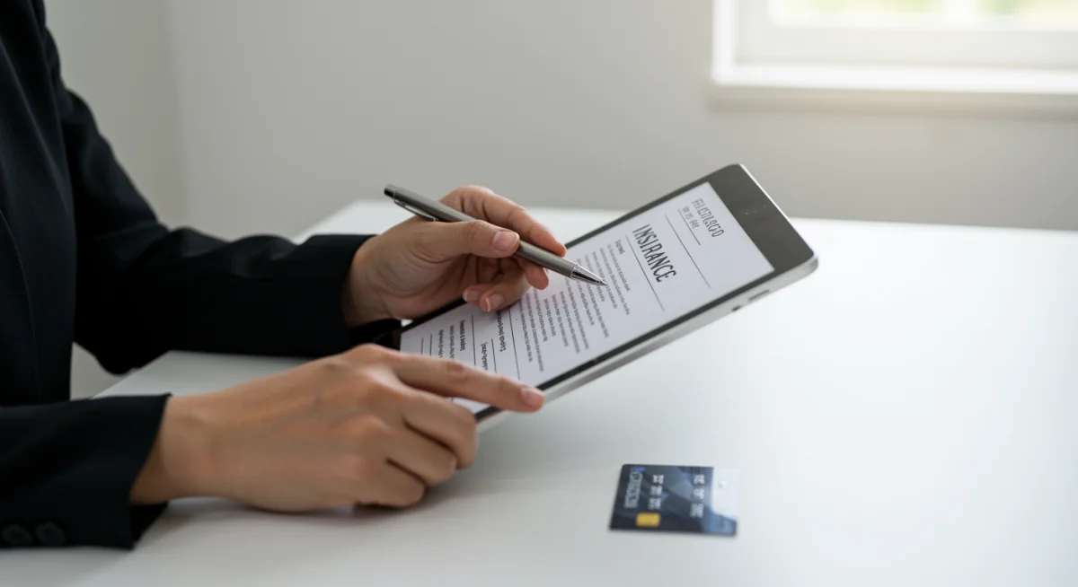 Pessoa analisando apólice de seguro de cartão de crédito em tablet.