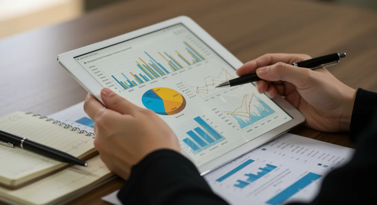 Pessoa analisando extratos financeiros em um tablet, focando na organização e planejamento de gastos.