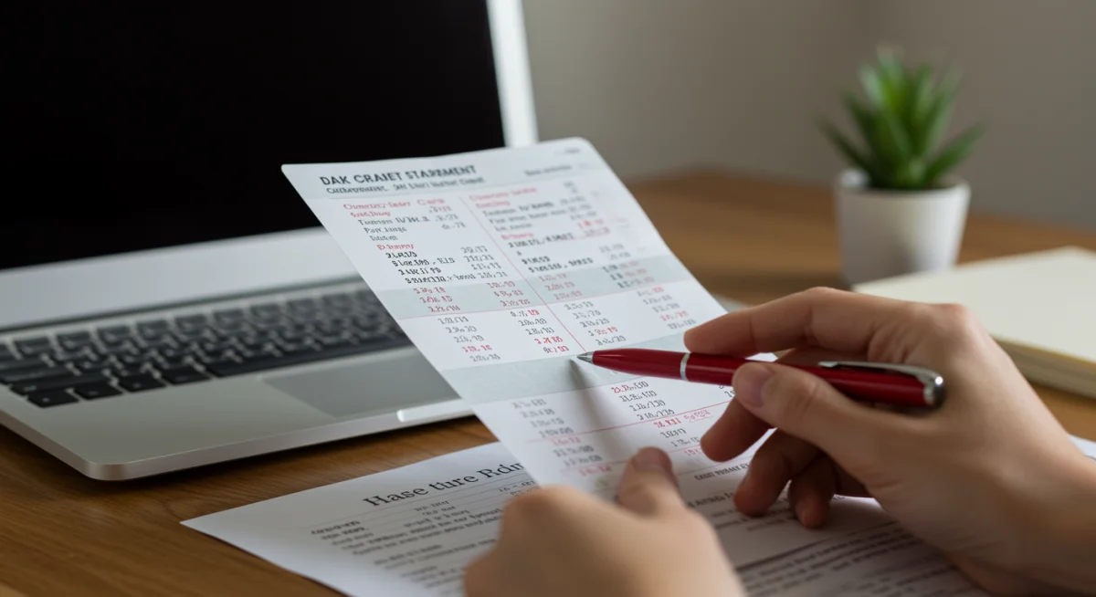 Pessoa analisando fatura de cartão de crédito detalhada, verificando débitos e saldos antes de prosseguir com o cancelamento.