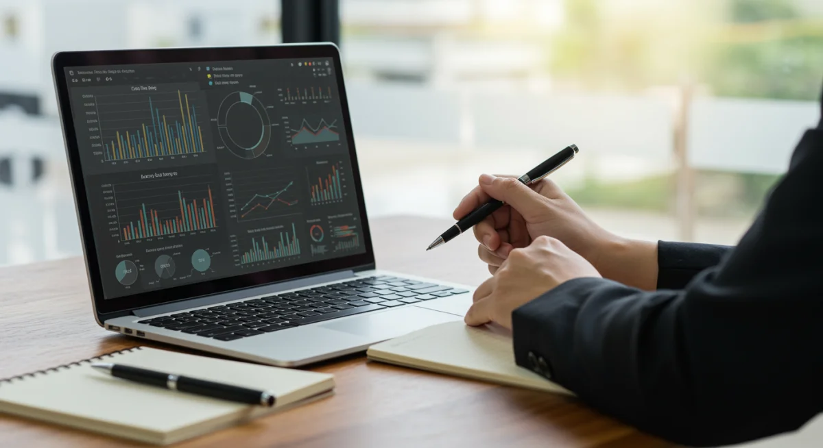 Pessoa analisando gráficos financeiros em um notebook, planejando o refinanciamento do veículo.