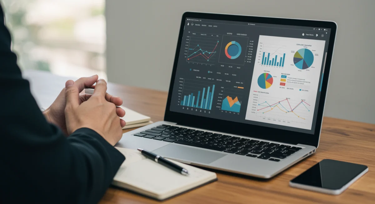 Pessoa analisando relatório de crédito em laptop com caneta e papel