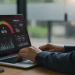 Pessoa analisando um painel digital financeiro com gráficos e medidor de score de crédito em um notebook.