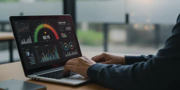 Pessoa analisando um painel digital financeiro com gráficos e medidor de score de crédito em um notebook.