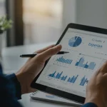 Pessoa analisando gráfico de score de crédito no tablet com logo da Serasa ao fundo, representando análise financeira.