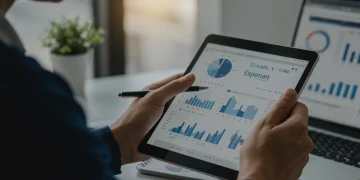 Pessoa analisando gráfico de score de crédito no tablet com logo da Serasa ao fundo, representando análise financeira.