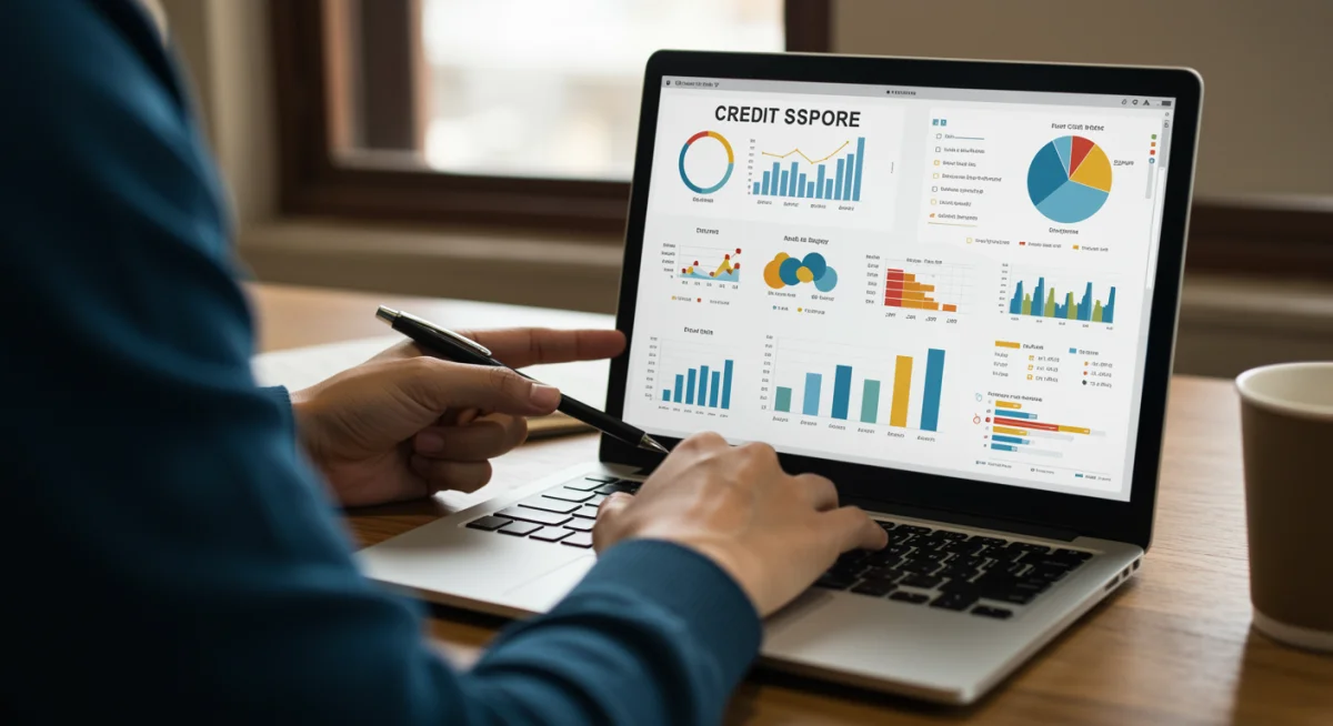 Pessoa analisando relatório de score de crédito em laptop