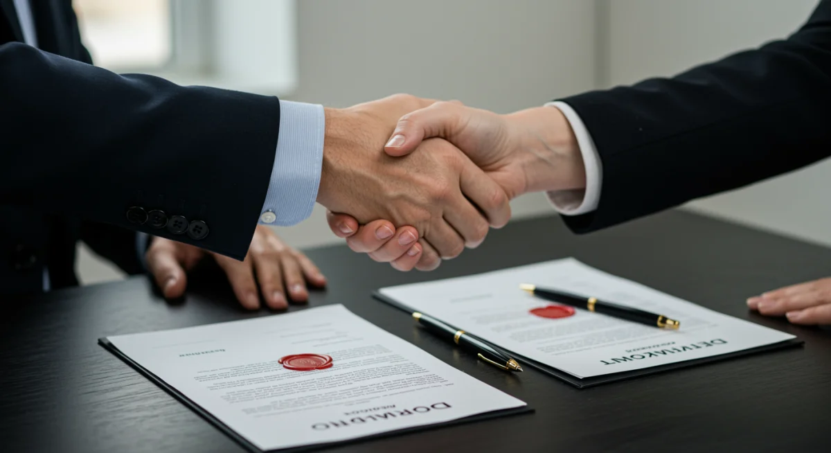 Mãos apertando-se sobre um documento de acordo financeiro, simbolizando uma renegociação de dívida bem-sucedida e um novo começo.