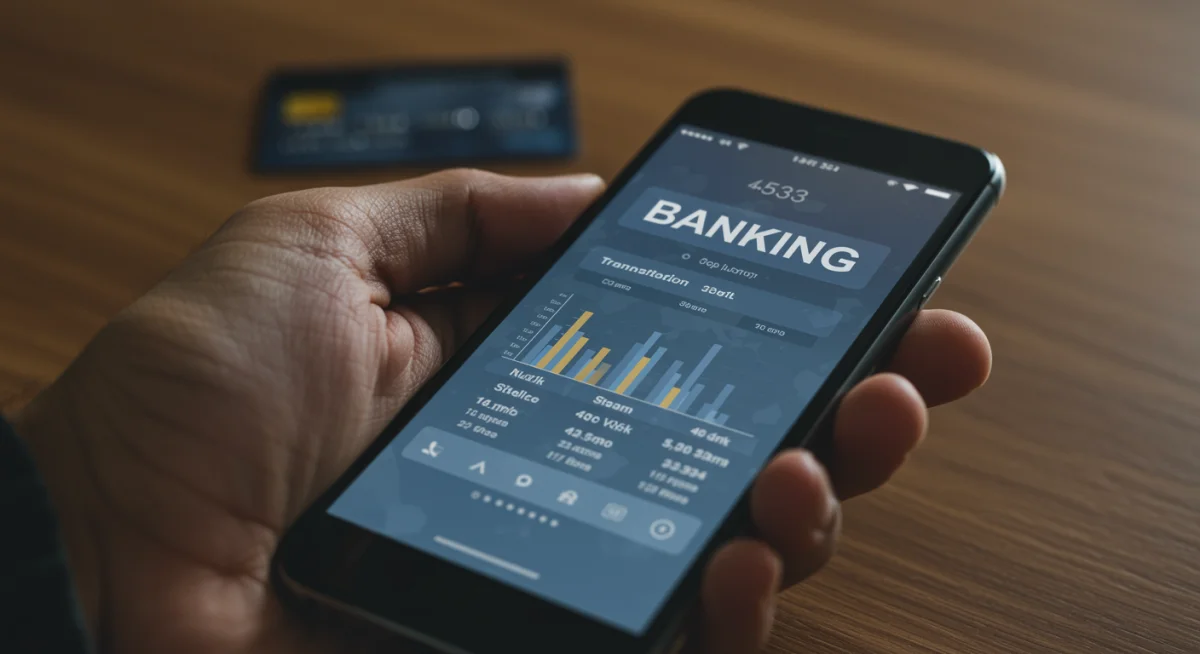 Mão segurando smartphone com aplicativo bancário e histórico de transações.