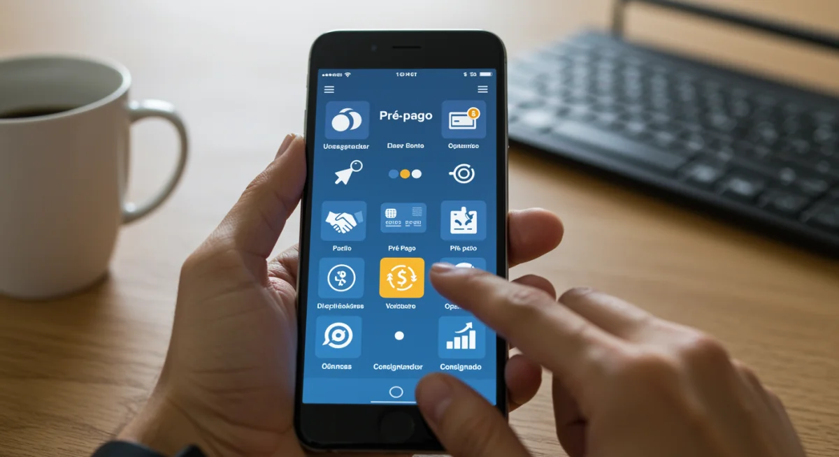 Mão utilizando aplicativo de banco digital com opções de cartão de crédito pré-pago e consignado na tela, focado em gestão financeira.