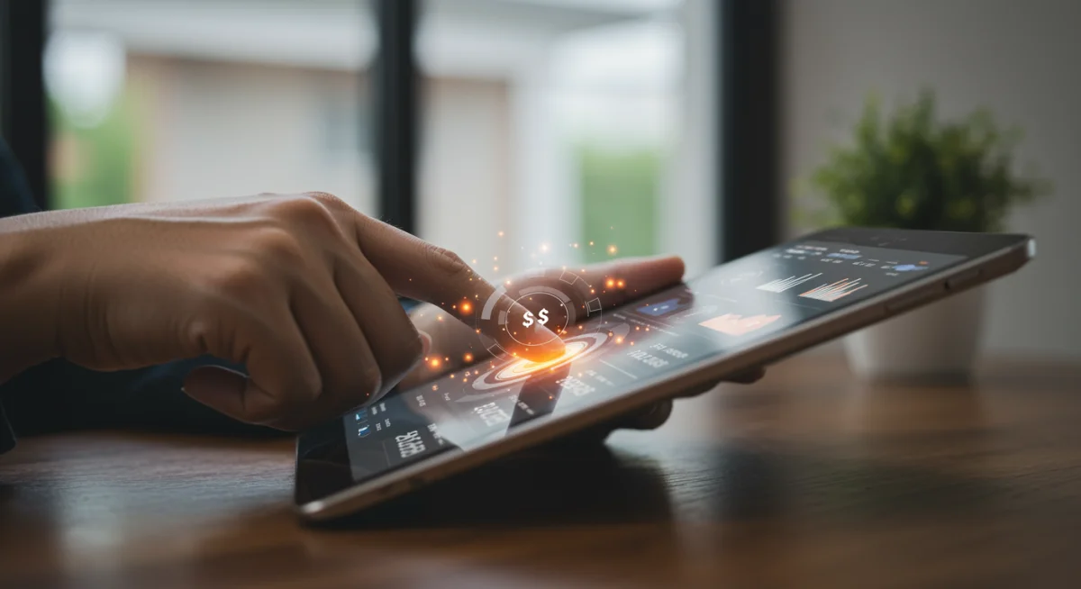 Mão utilizando aplicativo de banco digital em tablet, exibindo confirmações de pagamentos e resumos financeiros.