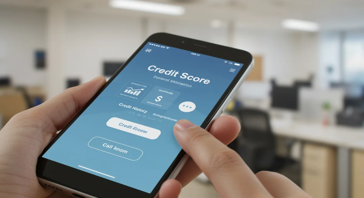 Tela de smartphone exibindo aplicativo de consulta de score de crédito, com um dedo tocando a tela.