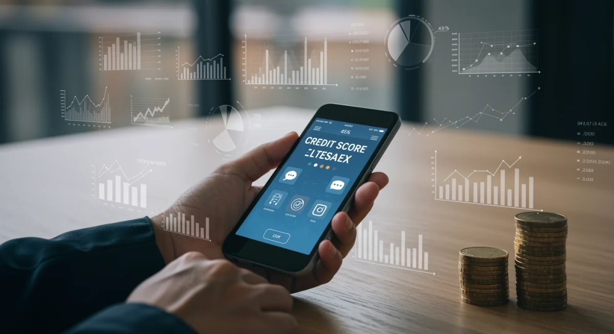 Pessoa usando aplicativo de score de crédito no celular, com gráficos financeiros ao fundo, mostrando impacto dos hábitos.