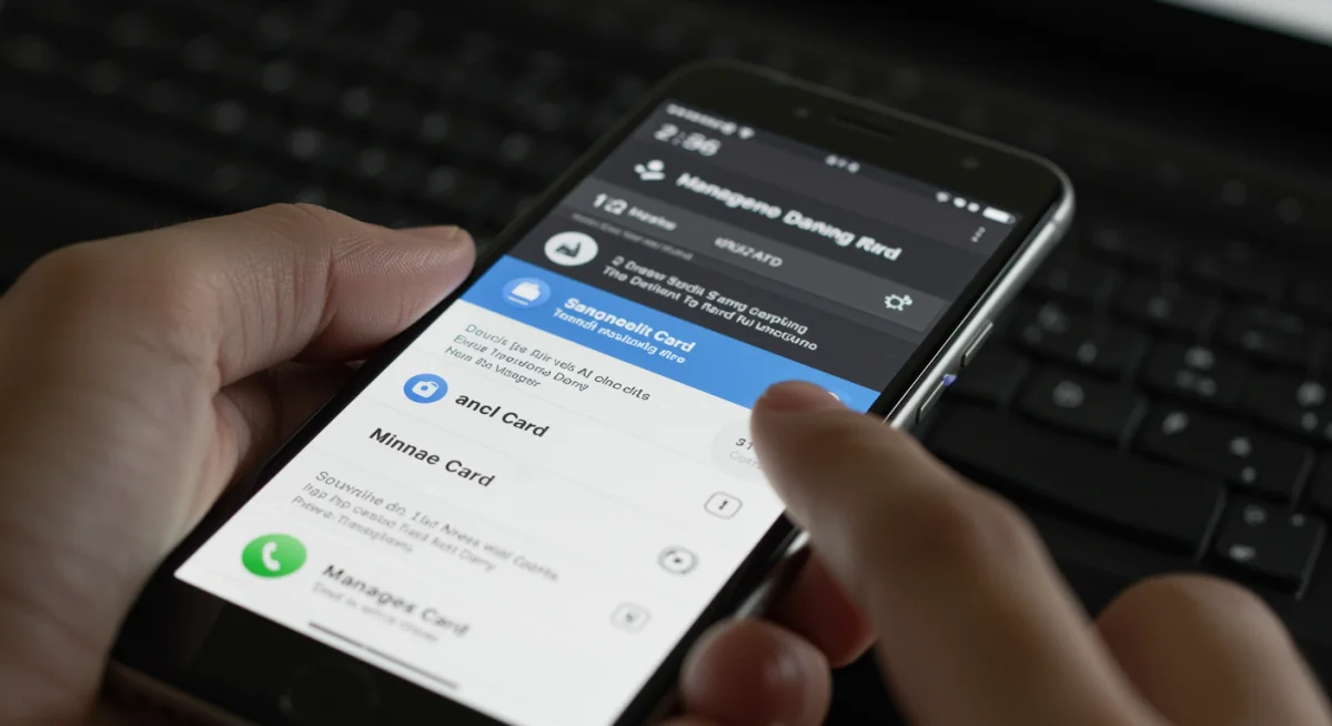 Tela de smartphone com aplicativo bancário mostrando a opção de cancelamento de cartão de crédito, refletindo a facilidade digital do processo.