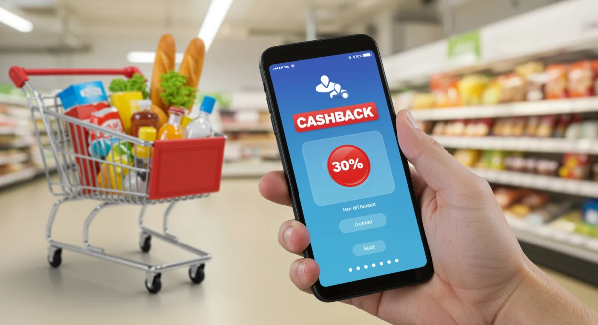 Pessoa segurando celular mostrando saldo de cashback em aplicativo bancário com carrinho de compras ao fundo.