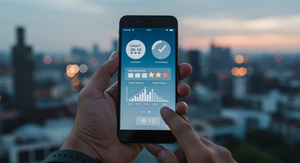 Mão segurando smartphone exibindo aplicativo com score de crédito alto e histórico de pagamentos positivos.