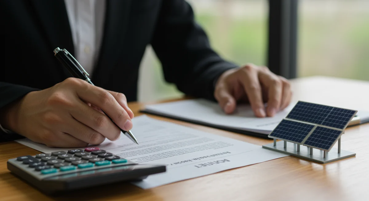 Mão assinando documento financeiro com calculadora e modelo de painel solar, representando o investimento em energia solar.