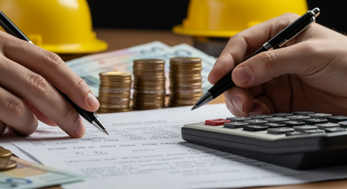 Mão assinando documento de financiamento, com calculadora e dinheiro, representando a formalização de um crédito para construção.