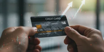 Pessoa segurando um cartão de crédito com gráficos financeiros ao fundo, simbolizando o aumento de limite.