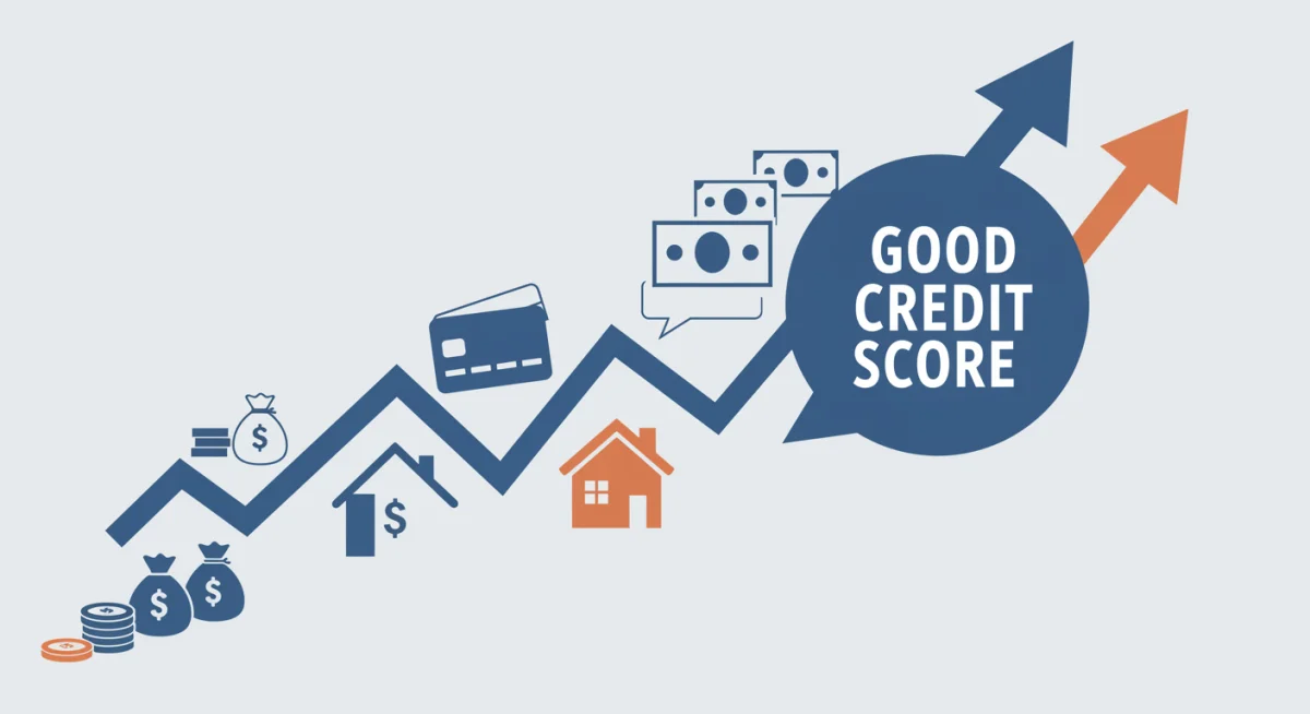 Gráfico de seta ascendente ilustrando as vantagens de um score de crédito elevado, como acesso a crédito e melhores condições.