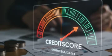 Medidor de score de crédito digital com seta para cima, simbolizando o impacto positivo do Cadastro Positivo.