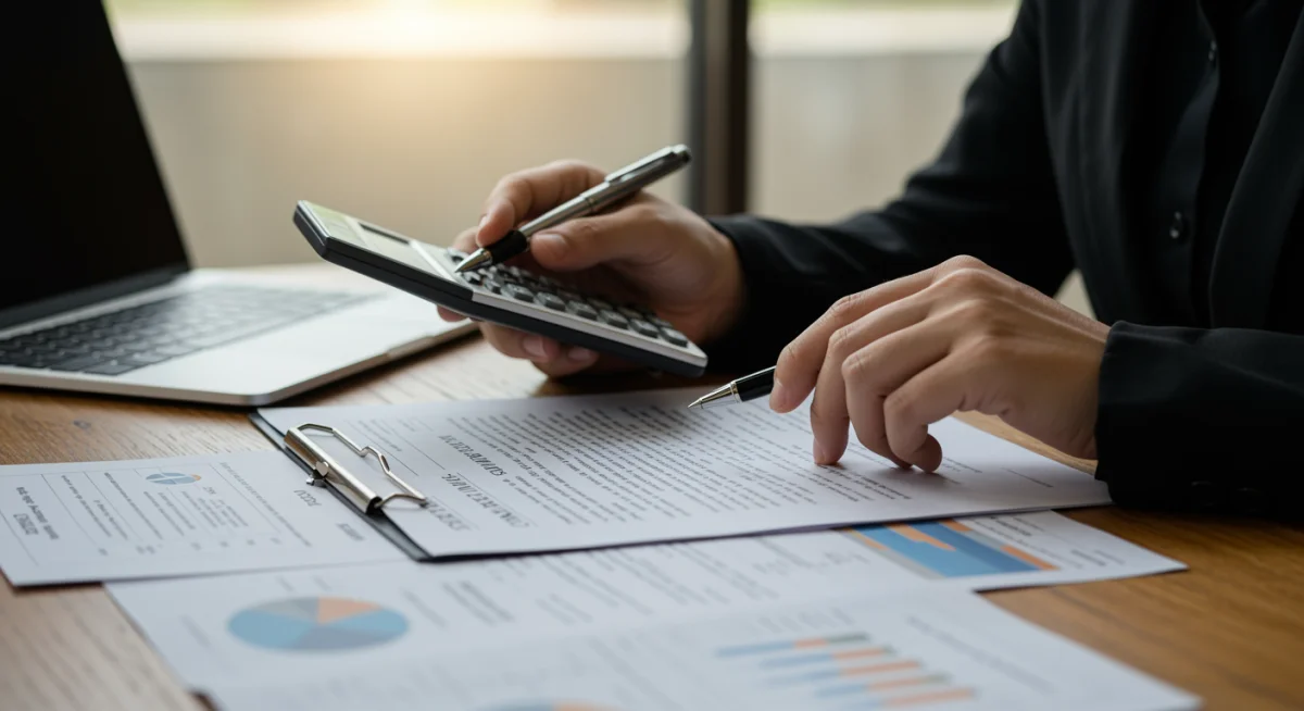 Pessoa calculando e revisando contrato de financiamento imobiliário indexado ao IPCA, focando no planejamento financeiro.