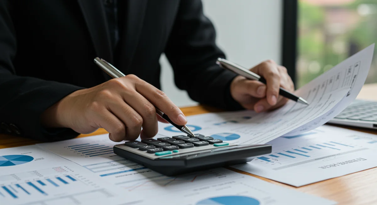 Pessoa calculando juros de financiamento com calculadora e documentos financeiros.