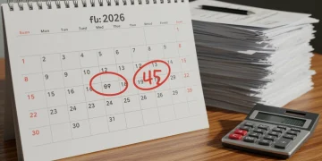 Calendário destacando 45 dias em 2026 com documentos e calculadora, simbolizando o aumento do prazo de aprovação de financiamentos.