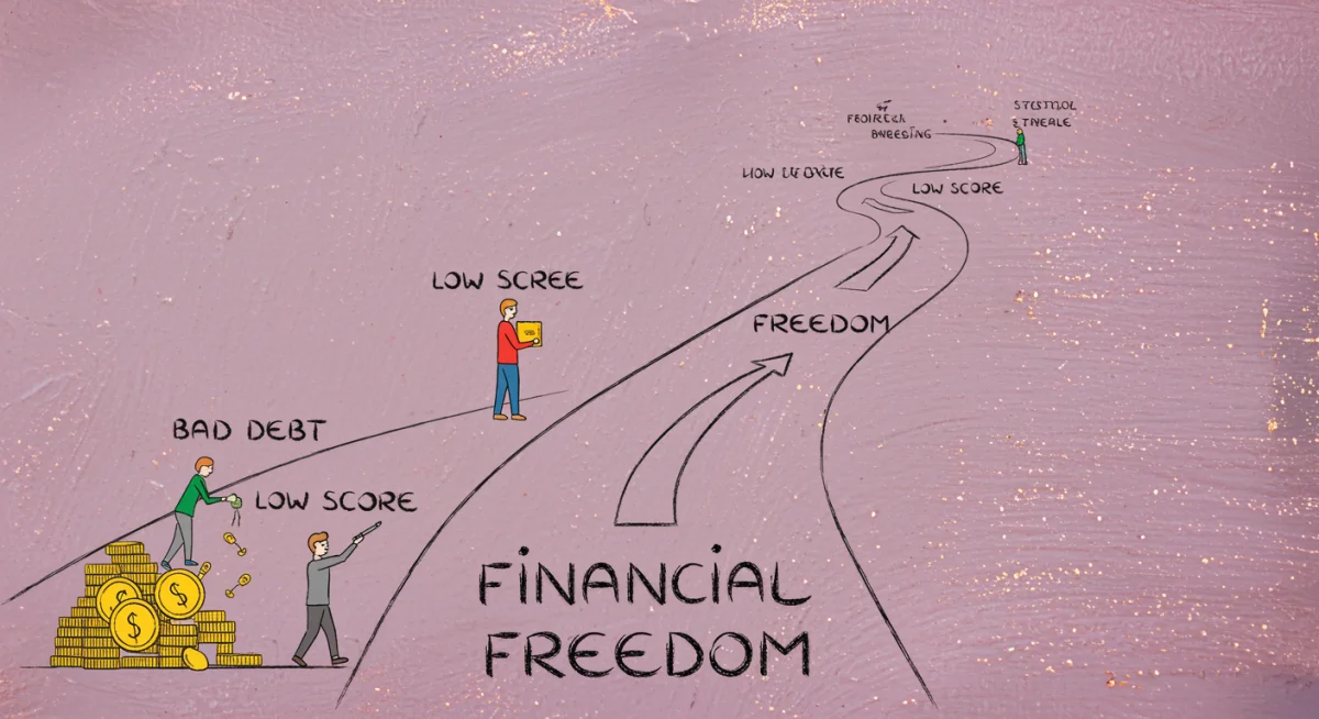 Caminho financeiro ilustrado, removendo obstáculos como dívidas e score baixo, em direção à liberdade financeira, com elementos gráficos de progresso.