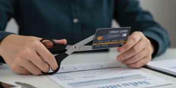 Pessoa cancelando um cartão de crédito com tesoura, simbolizando o fim de uma dívida ou compromisso financeiro, com foco em uma tomada de decisão consciente.
