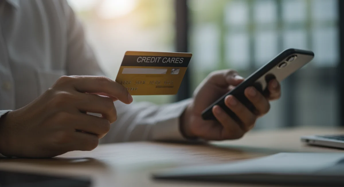 Mãos usando cartão de crédito e aplicativo bancário no celular.
