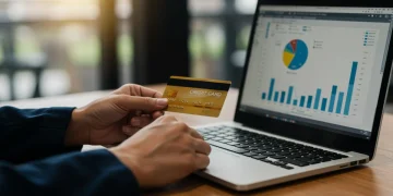 Mão segurando cartão de crédito sobre notebook com gráficos financeiros, simbolizando a gestão de um MEI.