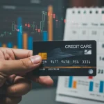 Mão segurando cartão de crédito com gráficos financeiros e calendário de 2026 ao fundo