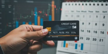 Mão segurando cartão de crédito com gráficos financeiros e calendário de 2026 ao fundo