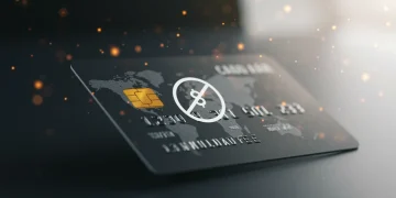 Cartão de crédito moderno com ícone de 'zero anuidade' destacando a economia em taxas.