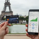 Pessoa usando cartão de crédito em viagem internacional, economizando dinheiro.