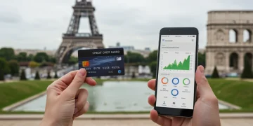 Pessoa usando cartão de crédito em viagem internacional, economizando dinheiro.