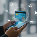 Pessoa usando um cartão de crédito virtual em smartphone, com ícones de segurança digital ao redor.