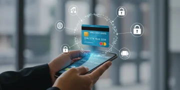 Pessoa usando um cartão de crédito virtual em smartphone, com ícones de segurança digital ao redor.