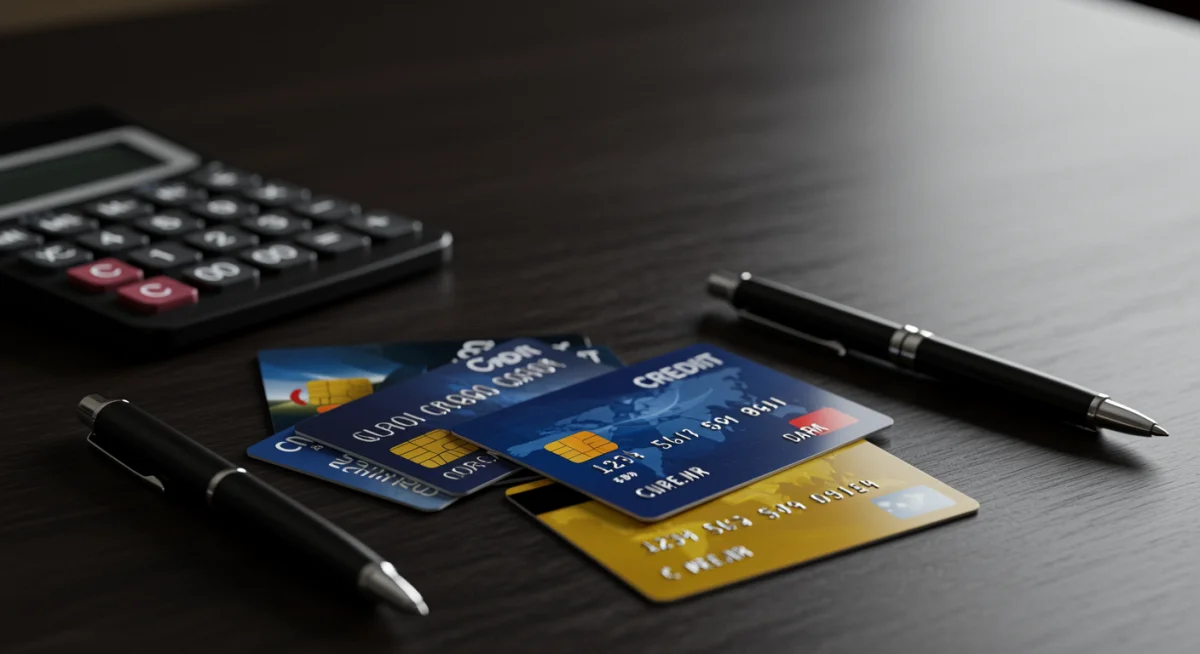 Cartões de crédito diversos sobre uma mesa de madeira, simbolizando acesso a crédito e responsabilidade financeira.