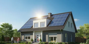 Casa moderna com painéis solares no telhado sob o sol, simbolizando economia e sustentabilidade.
