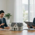 Casal analisando opções de financiamento imobiliário indexado ao IPCA com um consultor financeiro em um cenário de inflação controlada.