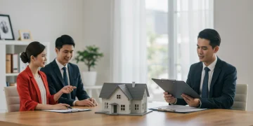 Casal analisando opções de financiamento imobiliário indexado ao IPCA com um consultor financeiro em um cenário de inflação controlada.