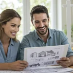 Casal sorrindo enquanto analisa documentos de financiamento imobiliário para um imóvel usado.