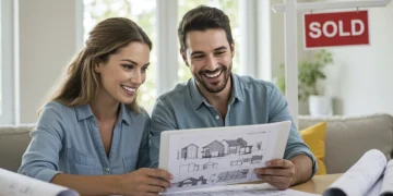 Casal sorrindo enquanto analisa documentos de financiamento imobiliário para um imóvel usado.