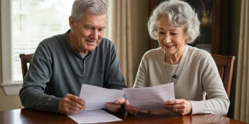 Casal de idosos sorrindo enquanto analisa documentos financeiros em uma mesa, refletindo planejamento e segurança.