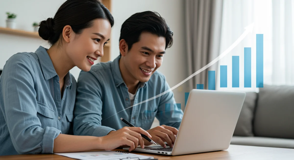 Casal sorrindo revisando plano financeiro em laptop, com gráfico de crescimento