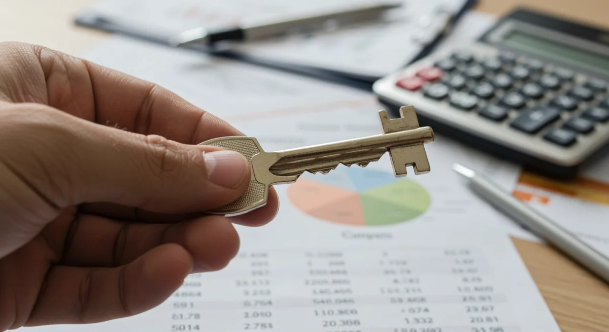 Mão segurando chave de casa com documentos financeiros e calculadora ao fundo, simbolizando segurança e garantia de imóvel.