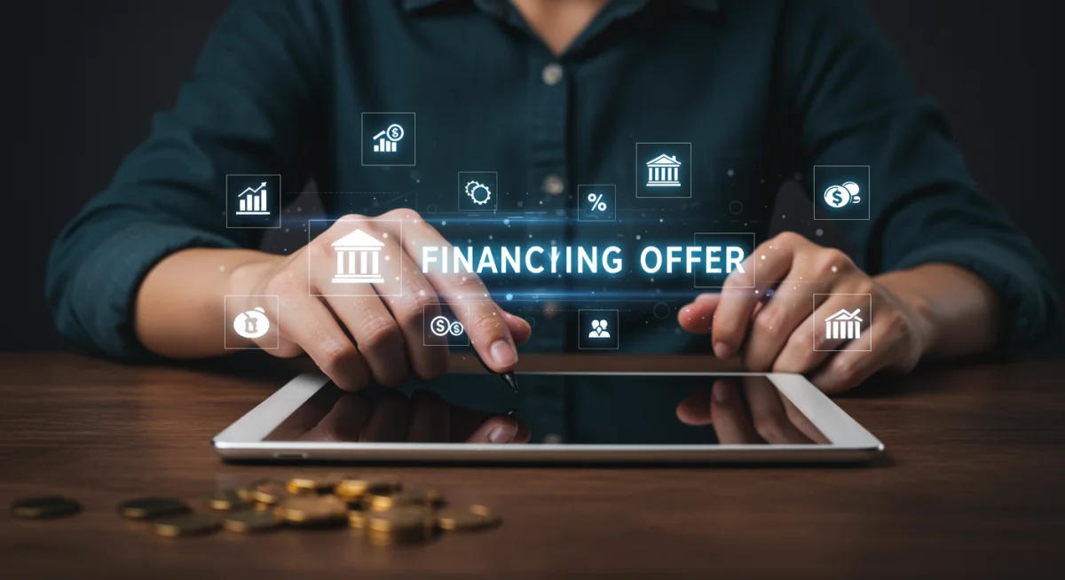 Pessoa comparando ofertas de financiamento em tablet com ícones de bancos digitais