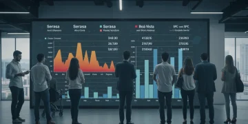 Pessoas analisando scores de crédito da Serasa, Boa Vista e SPC em tela digital, representando a comparação e tomada de decisão financeira em 2026.